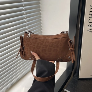Leopard Print Suede Underarm Bag Retro Crossbody Bag With Bow Tie And Metal Rivets Chic Fashionable Handbag For Women
