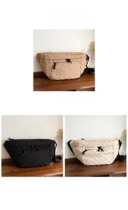 Detailed views of checkered crossbody bags in khaki, black, and off-white fabrics