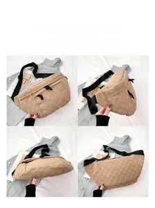Detailed views of checkered crossbody bag showing seams, zipper and strap quality