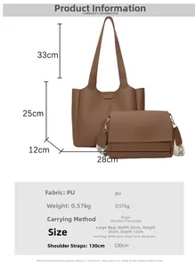 Size chart for brown PU leather tote and crossbody bag set with printed strap