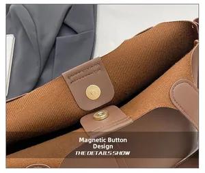 Detailed macro view of the brown leather bag with a secure gold magnetic closure system