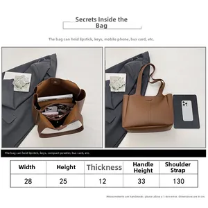 Size guide for brown leather tote bag with detailed width, height and capacity measurements