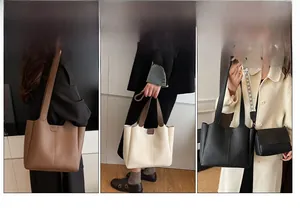 Detailed trio view of a minimalist tote bag set with reinforced handles and textures