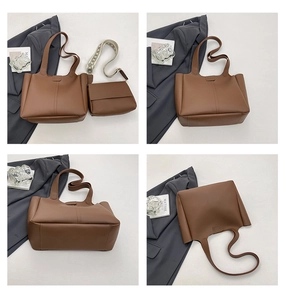 Detail shots of caramel brown tote and crossbody bag set with geometric shoulder strap