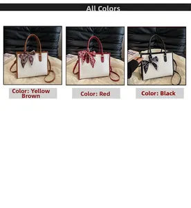 Detailed view of women's tote bags in three colors featuring elegant silk scarf decorations
