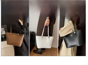 Three minimalist leather tote bags in brown, white and black shown in multiple back methods