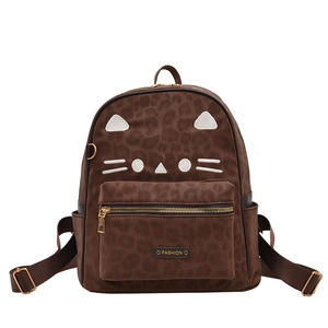 French vintage leopard print cat backpack with cute embroidery and large capacity