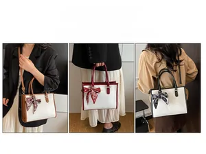 Three-way split view of tote bag styled with silk scarf in brown, red, and black