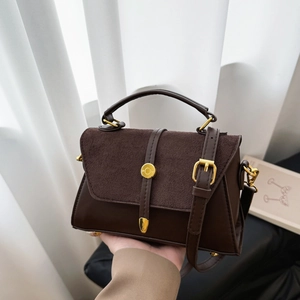 Vintage dunkelbraune Handtasche mit Leder-Wildleder-Mix und goldenen Metallteilen
