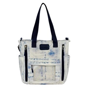 Large Chinese calligraphy tote bag in white with blue straps and multiple zipper pockets