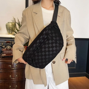 Large capacity black checkered crossbody bag with wide nylon strap in a stylish casual design