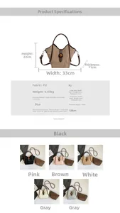 Size guide for PU leather bucket bag set showing dimensions and multiple carrying methods
