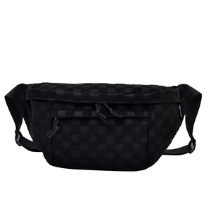 Large black checkered crossbody sports bag with matte texture and dual zipper compartments