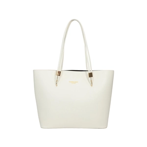 Classic white leather tote bag with gold lettering and adjustable shoulder strap