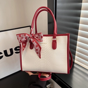 Women Tote Crossbody Bag PU Leather Snake Pattern Large Capacity Commuting Elegant Contrast Color With Scarf Decoration
