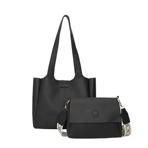Black large capacity tote bag set with stylish embroidered strap and crossbody bag