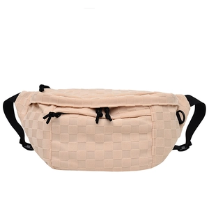 Chic beige checkered chest bag with textured fabric and adjustable strap in main view