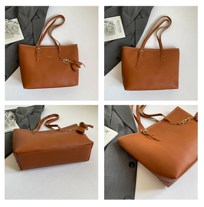 Detail views of brown PU leather tote bag with adjustable straps and hanging charm