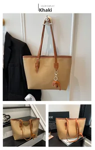 Three-panel view of a khaki tote bag with a small elephant charm for daily commute