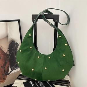 Vintage Suede Texture Half Moon Hobo Bag For Women With Gold Rivets Retro Crescent Underarm Shoulder Crossbody Bag