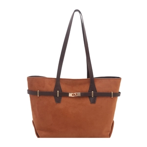 Braune Shopper Tasche für Damen aus Wildlederimitat mit Lederriemen und Metallschnallen