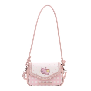 Pink and white plaid shoulder bag with apple embroidery and bow on white background