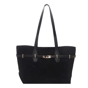 Grand sac cabas noir en suédine minimaliste avec boucle métallique dorée élégante