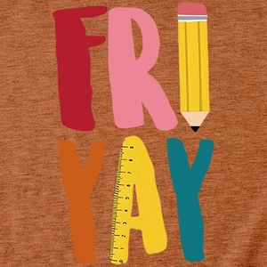 Detail van de roestbruine t-shirtstof met creatieve kleurrijke Fri-yay potloodprint