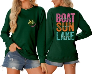 Detail of dark green sweatshirt featuring vintage LAKE DAYS and BOAT SUN SUN text prints