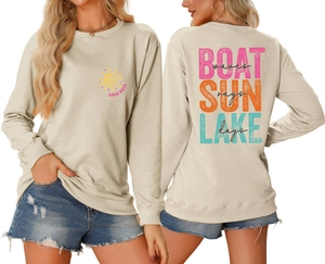 Detailed view of beige Lake Days sweatshirt with sun print on front and vintage back graphics