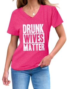Detail of V-neck heather pink t-shirt featuring vintage Drunk Wives Matter graphic print