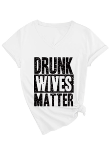 Detail of white V-neck T-shirt with vintage slogan and stylish side knot decoration