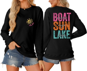 Women's black crewneck sweatshirt with vintage Boat Sun Lake Waves print back view