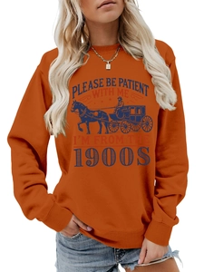 Detail of burnt orange sweatshirt featuring vintage horse carriage print and retro text