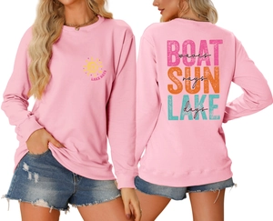Detailed back view of pink crewneck sweatshirt featuring colorful Lake Days art print
