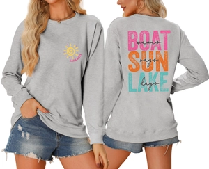 Front and back view of gray Lake Days sweatshirt with outdoor themed text and sun logo