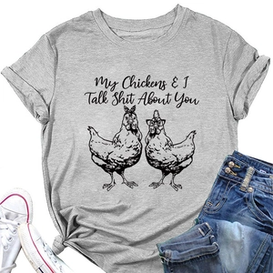 Flat lay of gray cotton t-shirt with funny chicken illustration and bold text detail