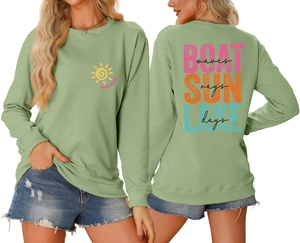 Detailed back view of light green sweatshirt with SUN rays and LAKE days print