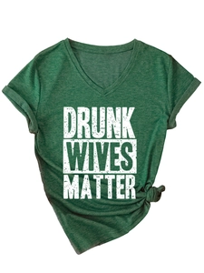 Detail of V-neck short sleeve T-shirt with 'Drunk Wives Matter' print and bottom knot