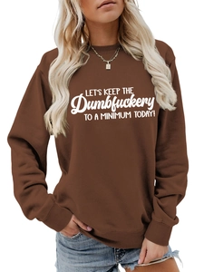 Detail of dark brown crewneck sweatshirt with Let's Keep The Dumbfuckery printed text
