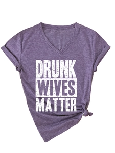 Detail of purple heather V-neck T-shirt with Drunk Wives Matter print and rolled sleeves