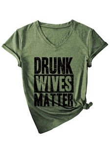 Detail of V-neck T-shirt in olive green with Drunk Wives Matter vintage print and side knot