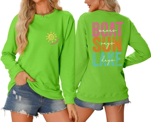 Detailed views showing bright green sweatshirt with colorful BOAT SUN LAKE back graphics