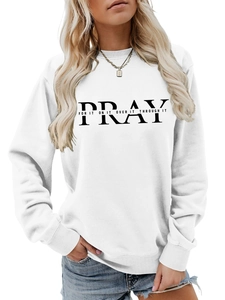 Detailed view of the ribbed crewneck and PRAY slogan print on this white sweatshirt