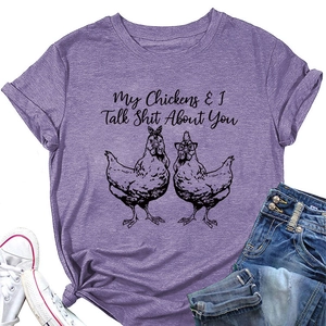 Detail of heather purple T-shirt with My Chickens & I Talk Shit About You slogan