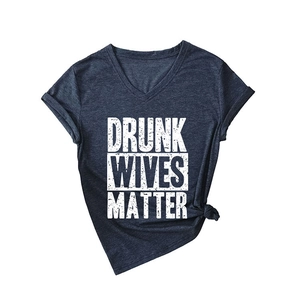 Navy V-neck T-shirt with white Drunk Wives Matter vintage print and cuffed sleeves