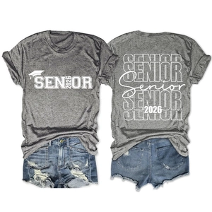 Front and back detail of Senior 2026 t-shirt with ripped denim shorts set