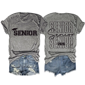 Front and back detail of Senior 2026 grey t-shirt with graduation graduation prints