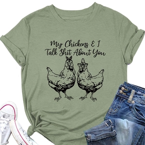 Detail of green cotton t-shirt with My Chickens talk print and rolled sleeve texture