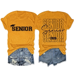 Detailed front and back view of mustard yellow Senior 2026 t-shirt with denim shorts